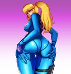  1girl ass ass_grab back blonde_hair blue_bodysuit blue_eyes blue_suit bodysuit boongar breasts curvy female hands_on_hips hips huge_ass long_hair looking_at_viewer looking_back metroid nintendo ponytail samus_aran sideboob skin_tight solo thick_thighs thighs tight_suit wide_hips zero_suit 