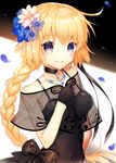  alternate_costume aoi_sana bangs bare_shoulders black_bow black_capelet black_choker black_dress black_gloves blonde_hair blue_eyes blue_flower bow braid capelet choker collarbone covered_navel dress eyebrows_visible_through_hair fate/apocrypha fate/grand_order fate_(series) flower gloves hair_flower hair_ornament hand_on_own_chest heroic_spirit_formal_dress jeanne_d'arc_(fate) jeanne_d'arc_(fate)_(all) jewelry long_braid long_hair looking_at_viewer necklace petals see-through see-through_silhouette single_braid smile solo very_long_hair 