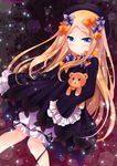  abigail_williams_(fate/grand_order) bangs black_bow black_dress black_hat blonde_hair bloomers blue_eyes blush bow bug butterfly commentary_request dress eyebrows_visible_through_hair fate/grand_order fate_(series) hair_bow hat ichiyou_moka insect knees_together_feet_apart long_hair long_sleeves looking_at_viewer object_hug orange_bow parted_bangs parted_lips polka_dot polka_dot_bow sleeves_past_wrists solo stuffed_animal stuffed_toy teddy_bear twitter_username underwear very_long_hair white_bloomers 