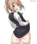  absurdres ass bangs belt black_dress blue_neckwear blush brown_eyes brown_hair cowboy_shot dress dress_lift eyebrows_visible_through_hair from_behind hair_bun highres kantai_collection kiritto leaning_to_the_side long_sleeves looking_back michishio_(kantai_collection) open_mouth panties panty_pull pinafore_dress raised_eyebrows remodel_(kantai_collection) shiny shiny_hair shirt short_hair simple_background solo standing thighs twitter_username two_side_up underwear white_background white_panties white_shirt 