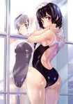  absurdres ass ass_visible_through_thighs black_eyes black_hair breasts competition_swimsuit cowboy_shot eyebrows_visible_through_hair from_behind highres looking_back nagayori one-piece_swimsuit original parted_lips reflection scan shiny shiny_skin shiny_swimsuit short_hair small_breasts solo swimsuit towel towel_around_neck wet 