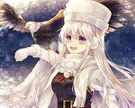  alternate_costume animal_on_arm aoi_sana azur_lane bad_id bad_pixiv_id bangs belt bird bird_on_arm black_belt black_sweater blush cape eagle earmuffs enterprise_(azur_lane) fur_trim hair_between_eyes hat long_hair open_mouth purple_eyes ribbed_sweater scarf silver_hair smile snow snowman snowman_on_head solo sweater white_cape white_hat white_scarf 