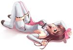  a.i._channel aqua_eyes boots brown_hair detached_sleeves from_side hairband kizuna_ai long_hair looking_at_viewer lying on_back open_mouth sakurano_yukke solo thigh_boots thighhighs white_background 