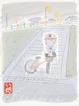  bicycle commentary dragging eyeball gensoukoumuten ground_vehicle heart heart_of_string helmet komeiji_satori pink_footwear pink_hair pink_shorts scrape shirt short_hair shorts stairs third_eye touhou 