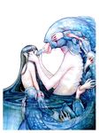  ballpoint_pen_(medium) black_hair blood commentary deviantart_username fish graphite_(medium) hair_between_eyes highres long_hair monster nude original partially_submerged simple_background symbolism traditional_media watercolor_(medium) wenqing_yan white_background 