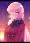  :o absurdres alternate_costume backlighting bandaged_head bandages black_scarf blush breath casual cloud coat double-breasted enpera eyebrows_visible_through_hair fate/grand_order fate_(series) florence_nightingale_(fate/grand_order) gradient gradient_sky highres horizon lens_flare letterboxed light_particles long_hair long_sleeves looking_at_viewer ocean one_eye_covered open_mouth pink_eyes pink_hair red_coat scarf sky solo sunlight sunset upper_body yuya090602 