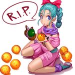  :o absurdres bare_legs blue_eyes blue_footwear blue_hair bow braid brown_gloves bulma character_name clothes_writing dragon_ball dragon_ball_(classic) dragon_ball_(object) full_body gloves hair_bow highres holding jojaow pink_shirt pink_skirt ponytail red_bow shirt shoes short_hair simple_background single_glove sitting skirt socks solo speech_bubble tsuru_hiromi wariza white_background 