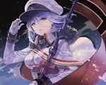  azur_lane blue_eyes blue_hair breasts commentary_request earrings eyebrows_visible_through_hair flag gloves hair_between_eyes hand_on_headwear hat holding jewelry large_breasts long_hair long_sleeves looking_at_viewer military military_uniform parted_lips peaked_cap sibyl snow solo tirpitz_(azur_lane) uniform white_gloves white_hat 