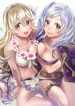  alternate_costume asymmetrical_docking belt bikini bikini_skirt breast_press breasts cleavage coat commentary_request female_my_unit_(fire_emblem:_kakusei) female_my_unit_(fire_emblem_if) fire_emblem fire_emblem:_kakusei fire_emblem_heroes fire_emblem_if flower flower_necklace highres jacket_on_shoulders jewelry kaboplus_ko looking_at_viewer medium_breasts multiple_girls my_unit_(fire_emblem:_kakusei) my_unit_(fire_emblem_if) navel necklace silver_hair sitting smile stomach swimsuit 