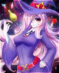  1girl belt breasts hair_over_one_eye hat lips little_witch_academia mushroom pink_eyes pink_hair potion solo sucy_manbavaran teeth upper_body wide_sleeves witch_hat 