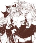  alicia_(granblue_fantasy) aliza_(granblue_fantasy) blush breasts cleavage draph dress dressing_another earrings embarrassed gloves granblue_fantasy hair_pulled_back highres horns incest jewelry large_breasts long_hair mother_and_daughter multiple_girls pointy_ears wince yuri yuriwhale 