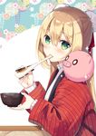  anzu_(sumisaki_yuzuna) blonde_hair bowl chopsticks eating food green_eyes japanese_clothes long_hair looking_at_viewer mochi mochi_trail original pig solo sumisaki_yuzuna wagashi 