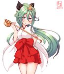  artist_logo black_ribbon crown dated green_eyes green_hair hair_between_eyes hair_ornament hair_ribbon hakama highres hinamatsuri japanese_clothes kanon_(kurogane_knights) kantai_collection ladle long_hair miko open_mouth ponytail red_hakama ribbon saishi skirt skirt_set solo wide_sleeves yamakaze_(kantai_collection) 