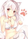  :3 animal_ears bangs bare_shoulders bikini blush breasts cleavage collarbone commentary_request dog_ears dog_tail eyebrows_visible_through_hair front-tie_bikini front-tie_top hair_ornament head_tilt jewelry karutamo long_hair looking_at_viewer medium_breasts navel necklace one_side_up original paw_pose paw_print red_eyes simple_background sitting smile solo swimsuit tail thighhighs tisshu_(karutamo) white_background white_bikini white_hair white_legwear 