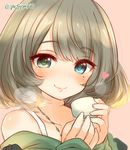  2hands1cup bangs bare_shoulders blue_eyes blush choko_(cup) closed_mouth collarbone cup eyebrows_visible_through_hair green_eyes green_hair green_shirt heart heterochromia holding holding_cup idolmaster idolmaster_cinderella_girls jewelry long_sleeves looking_at_viewer marshmallow_mille mole mole_under_eye necklace off-shoulder_shirt pink_background shirt short_hair simple_background sleeves_past_wrists smile solo takagaki_kaede twitter_username 