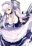  apron azur_lane belfast_(azur_lane) blue_eyes braid breasts chain cleavage collar curtsey dress elbow_gloves eyebrows_visible_through_hair eyes_visible_through_hair frilled_apron frilled_dress frilled_gloves frills gloves koruta_(nekoimo) large_breasts leaning_forward long_hair looking_at_viewer machinery maid maid_apron maid_headdress silver_hair smile solo turret 