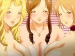  3girls bikini blonde_hair blue_eyes breasts brown_eyes brown_hair cleavage female fusano_fumie fusano_tomoka huge_breasts large_breasts long_hair lowres milk_junkies multiple_girls rena_(milk_junkies) screencap smile swimsuit 