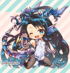  ;d arm_up armpits bangs bare_shoulders black_hair black_legwear blue_eyes blue_footwear blue_gloves blue_hair blush breasts china_dress chinese_clothes commentary_request diagonal-striped_background diagonal_stripes dragon_girl dragon_horns dragon_tail dress eyebrows_visible_through_hair fingerless_gloves gauntlets gloves gradient_hair head_fins horns karin_(p&amp;d) kneeling long_hair looking_at_viewer marshmallow_mille medium_breasts multicolored_hair one_eye_closed open_mouth pantyhose puzzle_&amp;_dragons ribbon shoes sleeveless sleeveless_dress smile solo spikes striped striped_background tail tail_ribbon twitter_username very_long_hair white_dress white_ribbon 