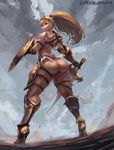  armor artist_name ass bikini_armor blonde_hair breasts circlet cloud cloudy_sky commission cutesexyrobutts fingerless_gloves gloves high_heels highres large_breasts legs long_hair looking_at_viewer looking_back original ponytail red_eyes shield signature sky solo sword thick_thighs thighs thong weapon 