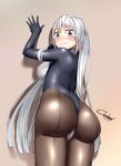  1girl against_wall artist_request ass blue_eyes blush bodysuit breasts embarrassed from_behind gloves horizon_ariadust kyoukaisenjou_no_horizon long_hair looking_at_viewer medium_breasts pantyhose shiny shiny_clothes shiny_hair sideboob silver_hair solo teardrop tears very_long_hair 