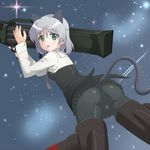  animal_ears ass black_legwear blush breasts cat_ears green_eyes highres looking_at_viewer looking_back night night_sky nomad_(mjauharazhar) pantyhose sanya_v_litvyak short_hair skirt sky small_breasts smile solo star star_(sky) starry_sky strike_witches tail white_hair world_witches_series 