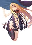  ;d abigail_williams_(fate/grand_order) absurdres bangs black_bow black_footwear black_hat black_legwear black_panties blonde_hair bow brown_eyes commentary_request fate/grand_order fate_(series) full_body hat hat_bow head_tilt highres keyhole long_hair looking_at_viewer mary_janes muyi_zi navel one_eye_closed open_mouth orange_bow panties parted_bangs revealing_clothes shoes simple_background single_thighhigh smile solo thighhighs topless underwear upper_teeth very_long_hair white_background witch_hat 