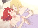  2girls asokappa bed blonde_hair blush breasts cleavage collarbone couple eye_contact hand_holding happy interlocked_fingers izetta izetta_(shuumatsu_no_izetta) long_hair looking_at_another lying multiple_girls ortfine_fredericka_von_eylstadt pajamas pillow purple_eyes red_eyes red_hair short_hair shuumatsu_no_izetta smile watermark yuri 