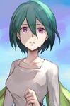 blue_sky crying crying_with_eyes_open eureka eureka_seven eureka_seven_(series) green_hair hair_between_eyes hankuri long_sleeves looking_at_viewer outdoors parted_lips purple_eyes shirt short_hair sky solo tears white_shirt wings 
