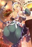  absurdres animal_ears ass beer_mug blonde_hair blurry bokeh breasts butt_crack cat_ears cat_tail cup depth_of_field detached_sleeves earrings eyebrows_visible_through_hair food frill_trim from_behind green_eyes hair_between_eyes highres holding holding_cup jewelry kokka_han long_hair looking_back medium_breasts original scan skirt smile solo tail tail_cutout 