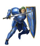  arden_(fire_emblem) armor armored_boots attack belt blue_armor boots brown_eyes cleft_chin clenched_teeth fire_emblem fire_emblem:_seisen_no_keifu fire_emblem_heroes gauntlets greaves green_hair highres holding holding_shield holding_sword holding_weapon ippei_soeda male_focus nose official_art realistic serious shield shoulder_armor solo sword teeth weapon 
