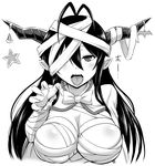  antenna_hair bandaged_arm bandages breasts cleavage commentary_request danua draph granblue_fantasy hair_between_eyes horn_ornament horns kanno_takanori large_breasts pointy_ears solo tongue tongue_out 