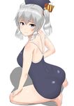  30-06 ass back beret blue_eyes breasts competition_school_swimsuit hat highres kantai_collection kashima_(kantai_collection) kerchief large_breasts one-piece_swimsuit school_swimsuit shadow silver_hair solo squatting swimsuit twintails wavy_hair white_background 