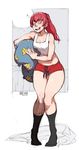 absurdres blush breasts character_request cleavage closed_eyes drooling eyebrows_visible_through_hair full_body highres jordan_smith medium_breasts midriff navel open_mouth pillow ponytail red_hair red_shorts short_shorts shorts sleepy smile solo standing tank_top zzz 