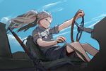  blonde_hair blue_eyes blue_sky closed_mouth copyright_request day driving grey_jacket grey_shorts grin gun jacket ponytail rifle short_sleeves shorts sitting sky smile solo steering_wheel treeware weapon 