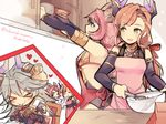  &gt;_&lt; apron blue_eyes bowl cake closed_eyes detached_sleeves draph erune esser eyeshadow food frills granblue_fantasy green_eyes grey_hair hair_ornament hairband heart horns long_hair makeup multiple_girls nozomu144 pink_hair ponytail smile song_(granblue_fantasy) thalatha_(granblue_fantasy) twitter_username 