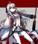 anti-materiel_rifle cape commentary_request dated girls_frontline gloves gun hair_ornament hairclip hand_on_hip iws-2000_(girls_frontline) long_hair madcore military military_uniform pantyhose red_eyes rifle signature silver_hair skirt sniper_rifle solo uniform weapon 