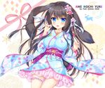  2018 :d ameto_yuki animal_ears artist_name bangs black_hair blue_eyes blue_kimono blush bow breasts bunny_ears bunny_girl bunny_tail commentary_request eyebrows_visible_through_hair fingernails floral_print flower hair_between_eyes hair_bow hair_flower hair_ornament japanese_clothes kimono large_breasts long_hair long_sleeves looking_at_viewer noir_(ameto_yuki) obi open_mouth original pink_flower print_kimono sash short_kimono smile solo striped striped_bow tail very_long_hair wide_sleeves 