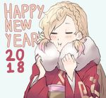  2018 blonde_hair braid closed_eyes fire_emblem fire_emblem_heroes highres japanese_clothes kimono long_hair new_year sharena simple_background smile solo tomentomob white_background 