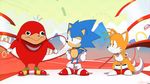  black_eyes gloves grin highres knuckles_the_echidna male_focus meme multiple_boys shoes smile sneakers sonic sonic_mania sonic_the_hedgehog tails_(sonic) ugandan_knuckles vrchat wallace_pires white_gloves 