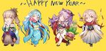 2boys 2girls aqua_(fire_emblem_if) bamboo bow_(weapon) camilla_(fire_emblem_if) cape chibi fire_emblem fire_emblem_heroes fire_emblem_if food hairband japanese_clothes kimono long_hair looking_at_viewer male_my_unit_(fire_emblem_if) mamkute mochi multiple_boys multiple_girls my_unit_(fire_emblem_if) new_year obi pointy_ears ponytail sash simple_background smile takumi_(fire_emblem_if) wagashi weapon white_background white_hair zuizi 