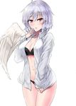  bangs black_bra black_panties blush bra breasts buttons cleavage collared_shirt cowboy_shot eyebrows_visible_through_hair feathered_wings hair_between_eyes hand_up kishin_sagume long_sleeves looking_at_viewer medium_breasts navel no_pants open_clothes open_shirt panties parted_lips purple_hair red_eyes shirt shirt_tug short_hair simple_background single_wing solo touhou unbuttoned underwear white_background white_shirt white_wings wings y2 