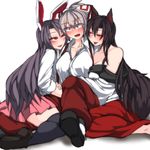  :p animal_ears baggy_pants black_legwear blush bow breast_press breasts bunny_ears chocolate cleavage collarbone collared_shirt constricted_pupils dress eyebrows fujiwara_no_mokou grey_hair hair_between_eyes hair_bow half-closed_eyes hand_on_another's_arm highres imaizumi_kagerou kneeling kuroba_rapid large_breasts long_dress long_hair long_sleeves looking_at_another multiple_girls naughty_face nose_blush open_mouth pants pink_skirt ponytail purple_hair red_eyes red_pants reisen_udongein_inaba shirt shoes simple_background sitting sitting_on_lap sitting_on_person skirt sleeves_rolled_up smile suspenders sweat tail thighhighs tongue tongue_out touhou white_background white_shirt wide_sleeves wing_collar wolf_ears wolf_tail yuri zettai_ryouiki 