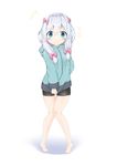  1girl absurdres bangs barefoot bike_shorts black_shorts blue_eyes blush bow closed_mouth clothes_tug covering covering_crotch eromanga_sensei eyebrows_visible_through_hair full_body green_jacket hair_between_eyes hair_bow highres hood hood_down hooded_jacket izumi_sagiri jacket jacket_tug knees_together_feet_apart looking_at_viewer pink_bow shorts silver_hair solo standing tears tiptoes white_background yasuhisa_(18456628) 