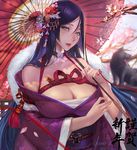  bare_shoulders blurry breasts cherry_blossoms cleavage commentary depth_of_field fate/grand_order fate_(series) gtunver hair_ornament highres japanese_clothes kimono large_breasts long_hair looking_at_viewer minamoto_no_raikou_(fate/grand_order) oriental_umbrella parted_lips petals purple_hair smile solo umbrella very_long_hair 