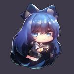  absurdly_long_hair blue_bow blue_eyes blue_hair blue_skirt bow bowl bracelet broken chibi full_body hair_bow hijiwryyyyy holding hood hoodie jewelry kneeling long_hair looking_at_viewer miniskirt simple_background skirt solo stuffed_toy touhou very_long_hair yorigami_shion 