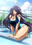  1girl bare_shoulders blue_eyes breasts cleavage hair_over_one_eye ikkitousen kan&#039;u_unchou kneeling large_breasts long_hair looking_at_viewer purple_hair smile solo swimsuit tagme very_long_hair 