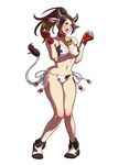  1girl animal_ears bikini blush breasts brown_eyes brown_hair cleavage cow_bell cow_ears cow_horns cow_print cow_tail embarrassed fatal_fury fingerless_gloves full_body hips king_of_fighters large_breasts legs long_hair navel official_art open_mouth ponytail shiranui_mai snk snk_heroines:_tag_team_frenzy solo standing swimsuit tail 
