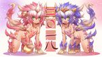  2girls abstract_background animal_ears bell blue_hair commentary_request dog_girl green_eyes hair_ornament highres horn komainu long_hair looking_at_viewer multiple_girls paws pink_hair symmetry tail tsukigami_chronica 