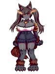  alternate_costume alternate_hairstyle animal_ears arms_at_sides black_choker black_hair black_sclera black_skin breasts burning_eyes choker claws commentary dog_ears dog_tail eyebrows_visible_through_hair full_body fur hellhound highres huge_breasts long_hair looking_at_viewer monster_girl monster_girl_encyclopedia nav paws red_eyes simple_background solo standing tail triangle_mouth twintails white_background 