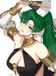  absurdres breasts cosplay fire_emblem fire_emblem:_kakusei fire_emblem:_rekka_no_ken fire_emblem_heroes green_eyes green_hair hair_ornament high_ponytail highres jewelry long_hair looking_at_viewer lyndis_(fire_emblem) midriff olivia_(fire_emblem) olivia_(fire_emblem)_(cosplay) ormille ponytail smile solo 